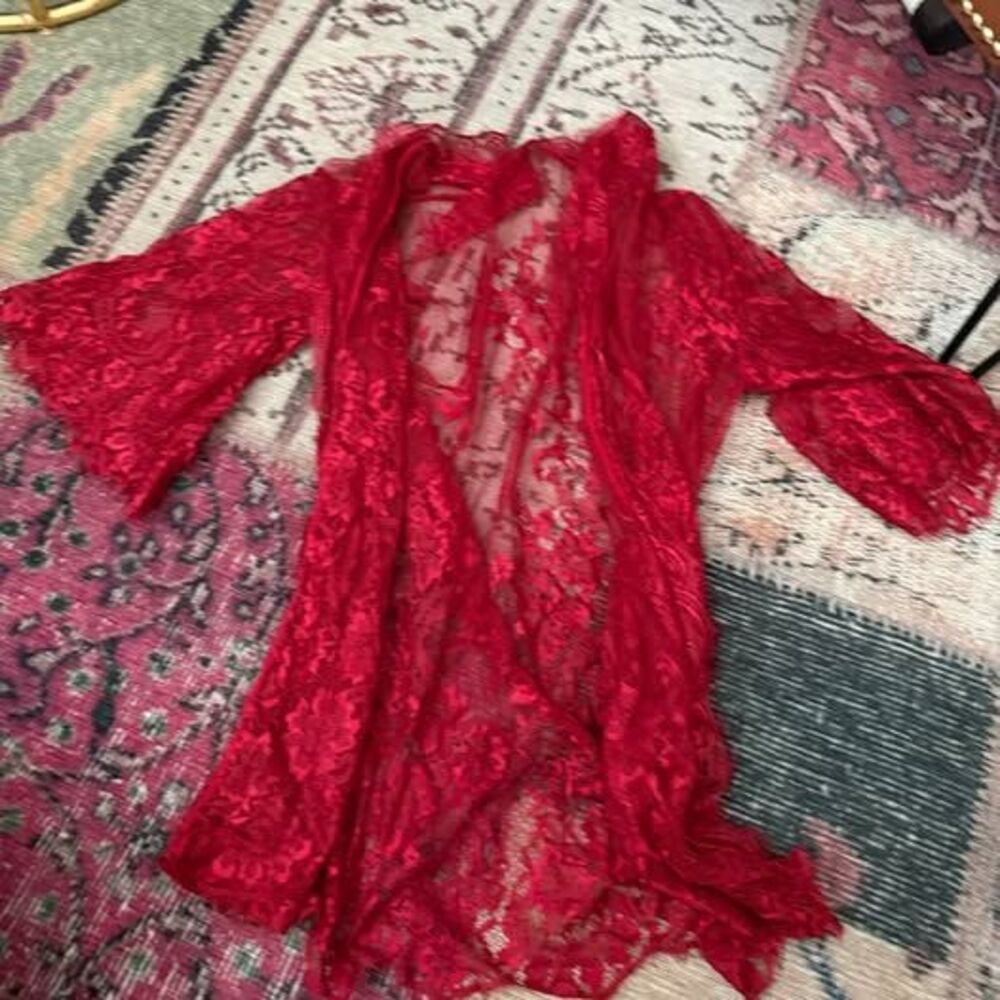 Red Lace lingerie sexy costume Robe with Satin Belt